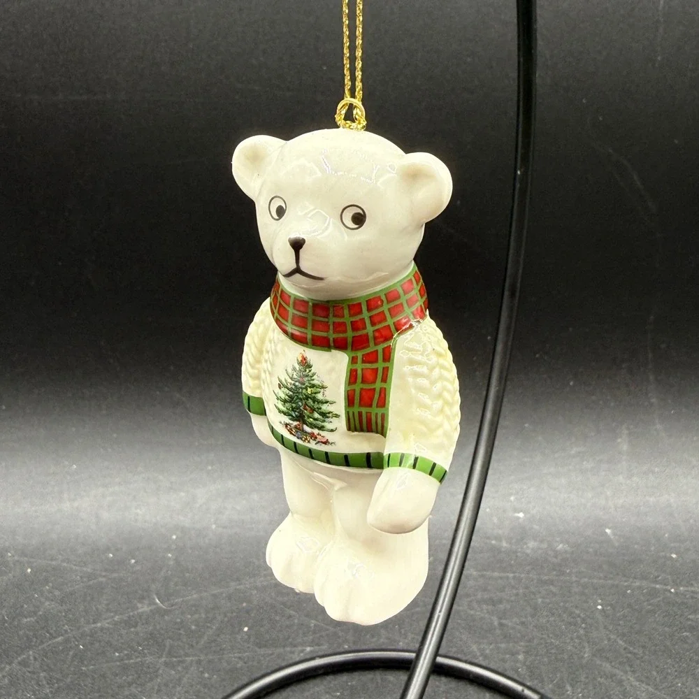 Spode Christmas Tree Polar Bear Ornament Ceramic White Red Green Plaid Scarf‎
